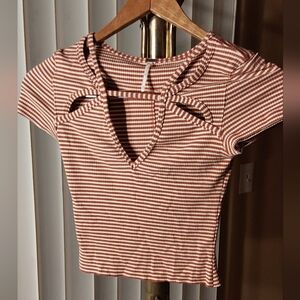 Free People Striped Cutout Crop Top in Brown Orange and White